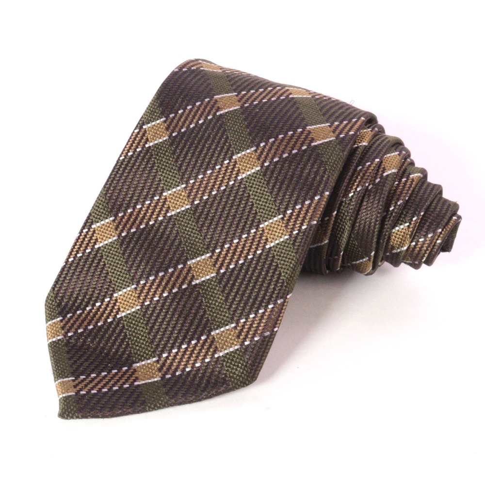 Giorgio Armani 100% Silk Necktie Mens Made In Italy Brown Green Plaid 3.5"Wx60"L